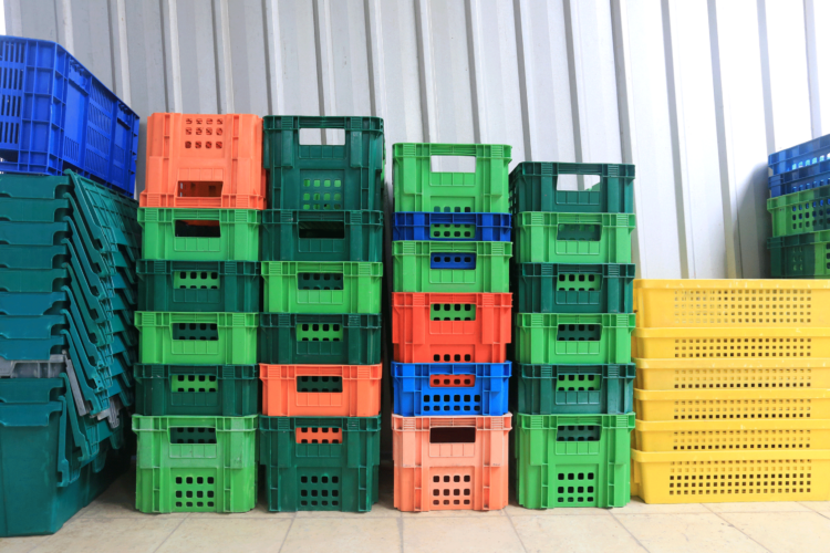 Plastic shipping boxes.